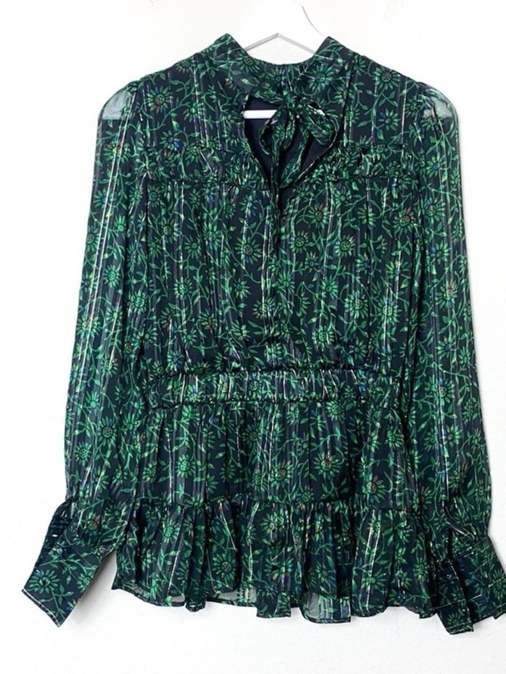 Walter Baker Green & Black Floral Smocked Tiered Blouse — Size XS